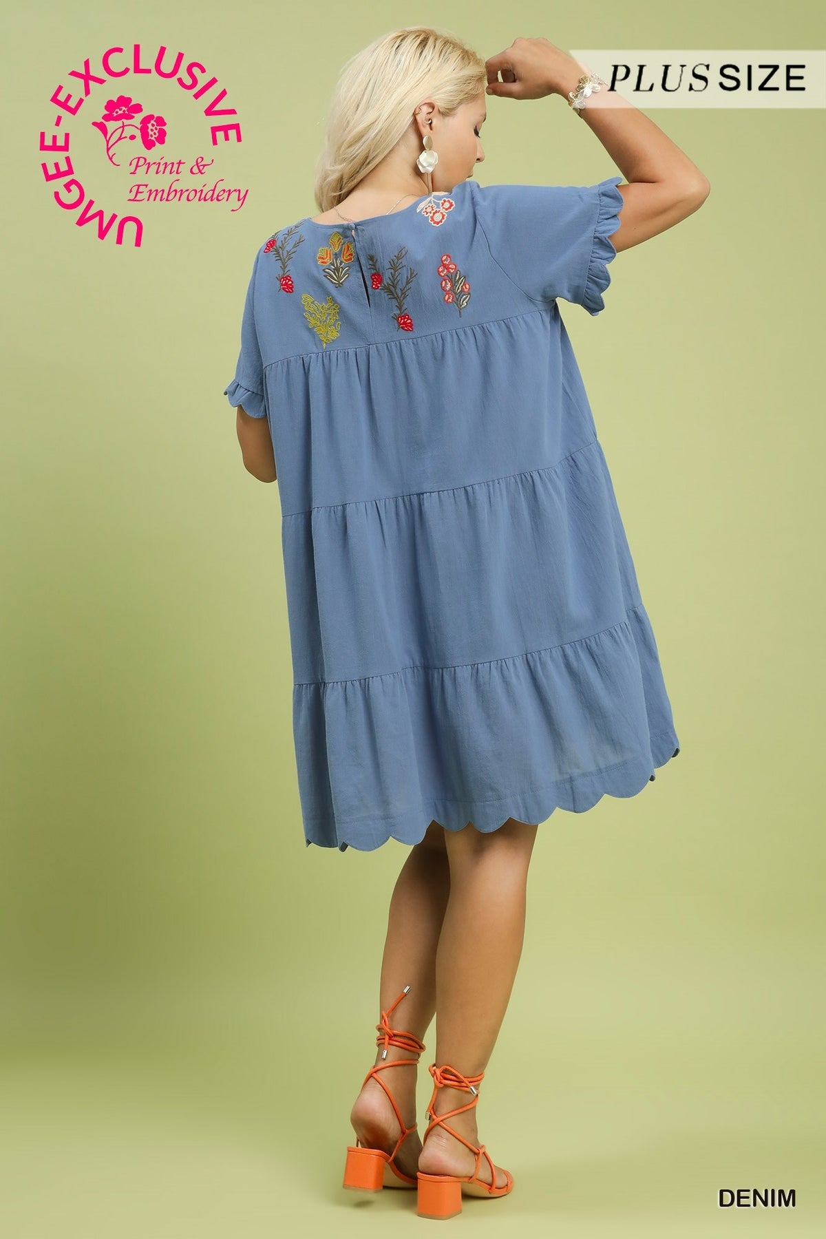 Embroidered Babydoll Curvy Dress in Denim