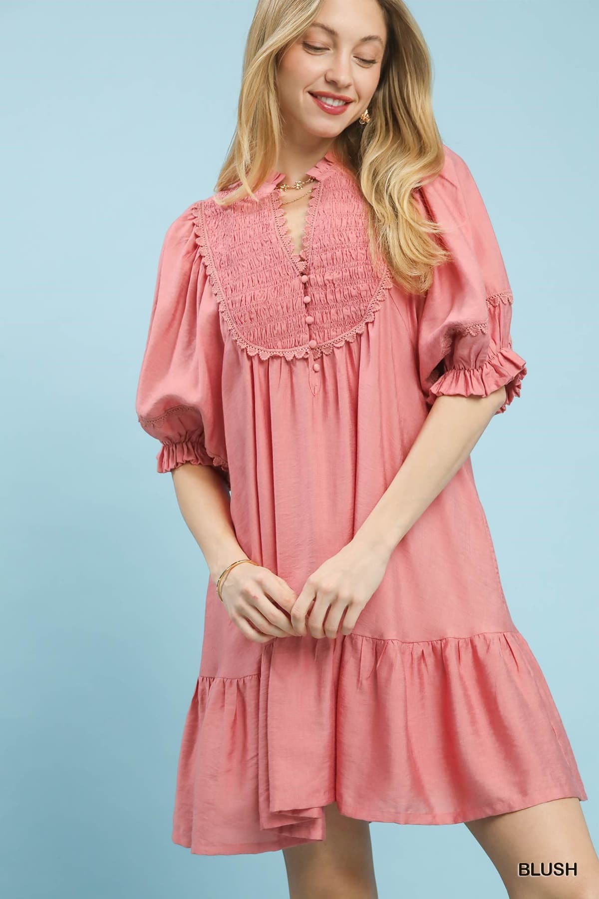 Smocked Ruffle Hem Babydoll Dress in Blush