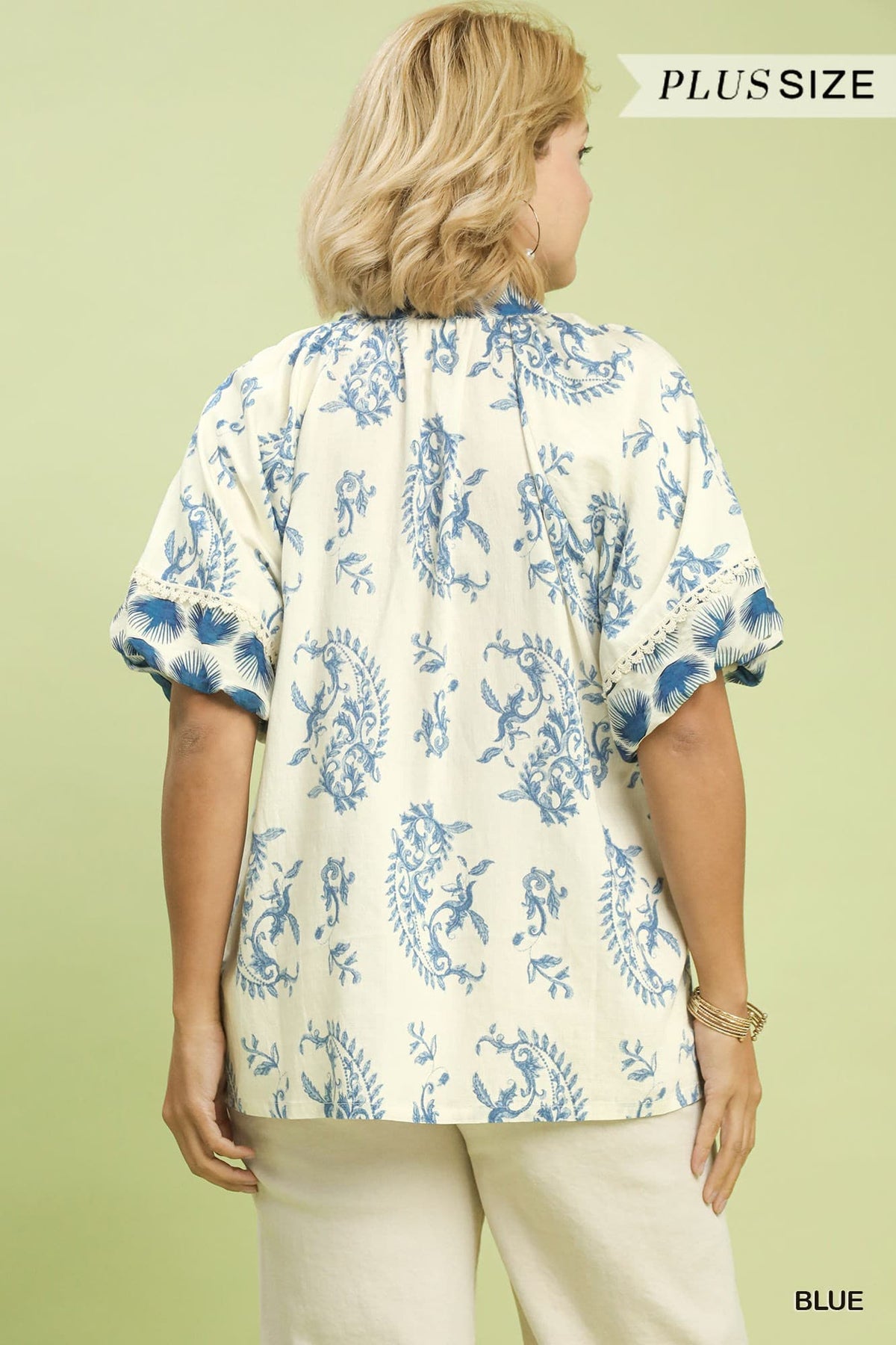 Boho Print Top with Lace Trim in Blue