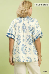 Boho Print Top with Lace Trim in Blue