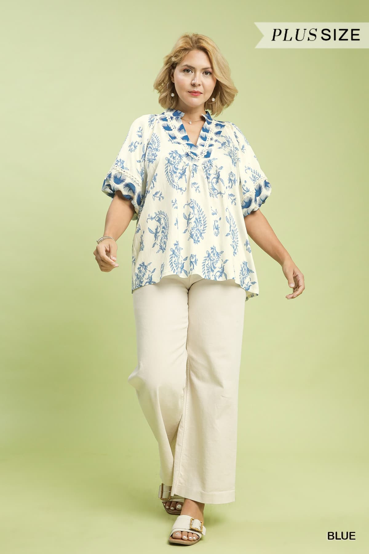 Boho Print Top with Lace Trim in Blue