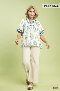 Boho Print Top with Lace Trim in Blue