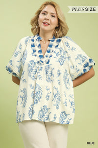 Boho Print Top with Lace Trim in Blue