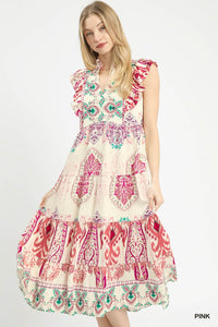 Boho Border Print Midi Dress in Pink