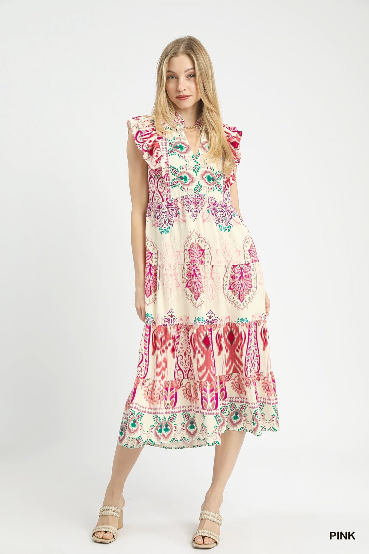 Boho Border Print Midi Dress in Pink
