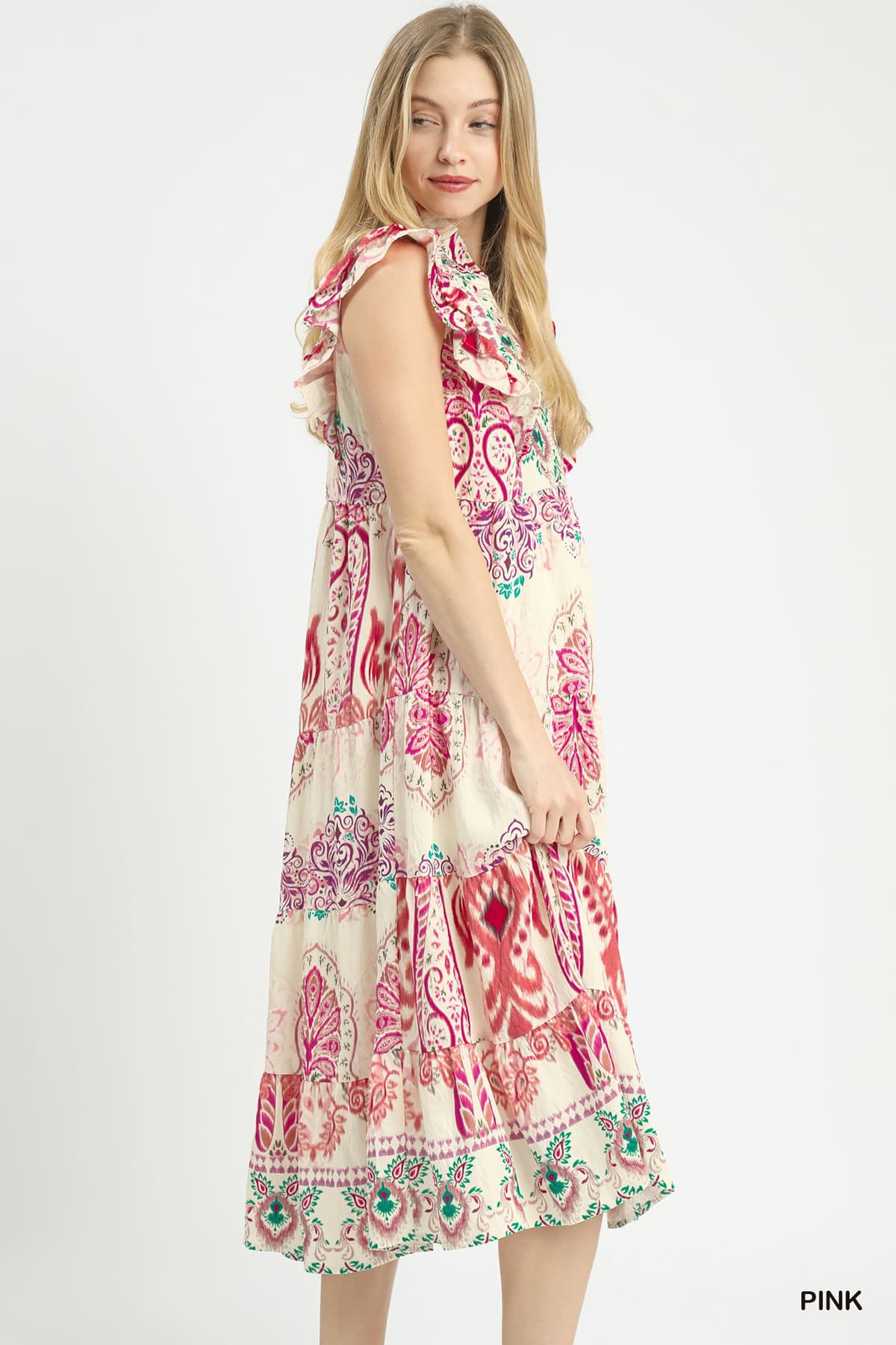 Boho Border Print Midi Dress in Pink