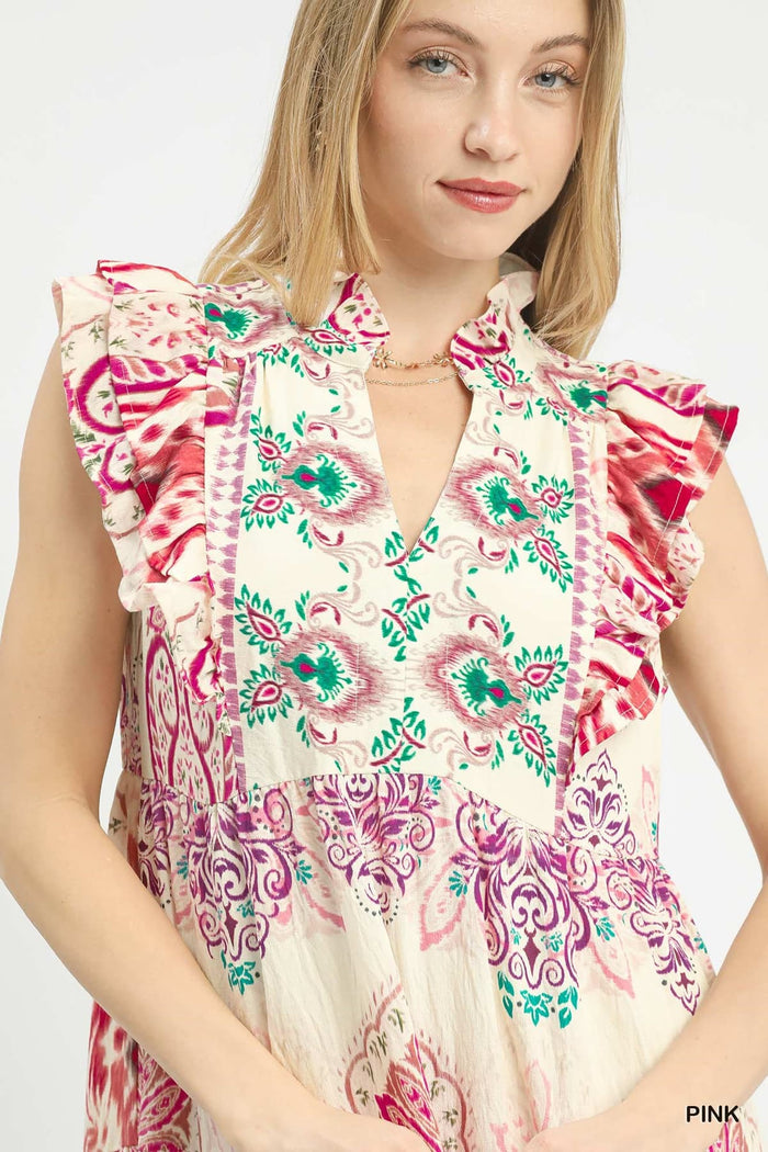 Boho Border Print Midi Dress in Pink