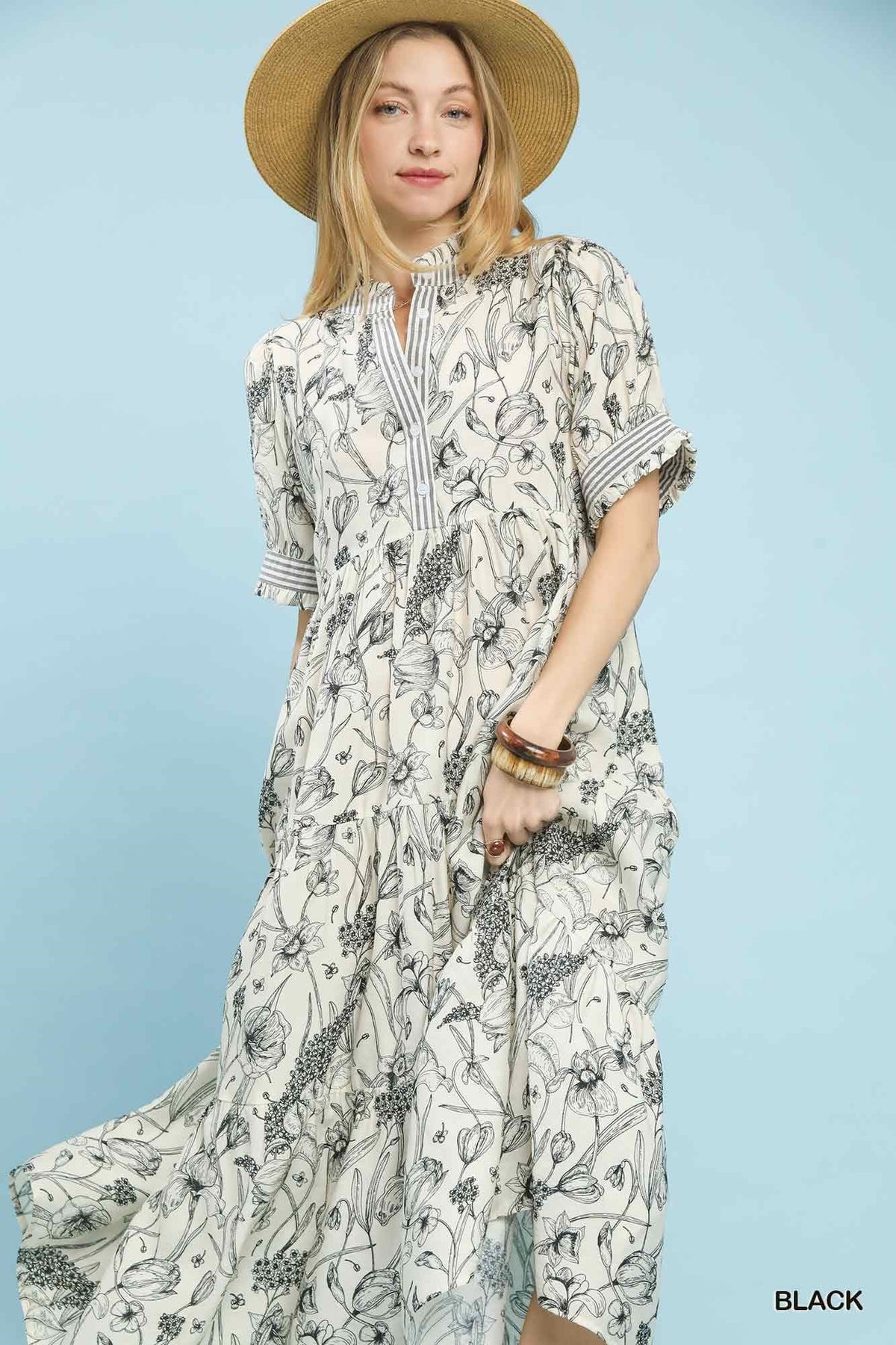 Floral Tiered Maxi Dress in Black