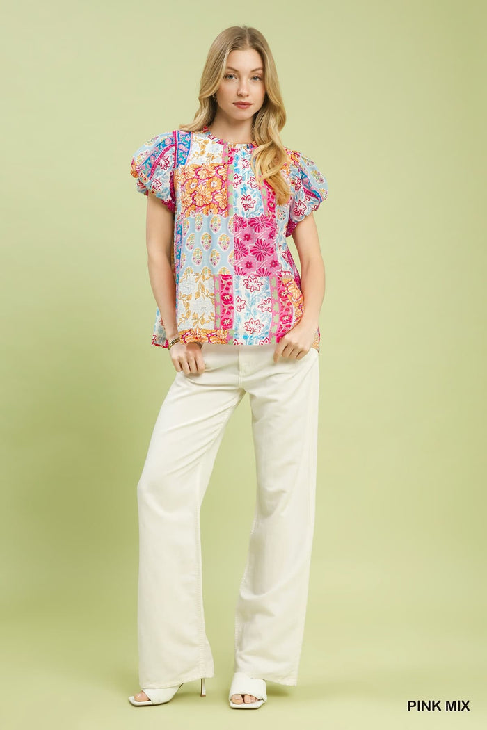 Mix Patchwork Puff Sleeve Top