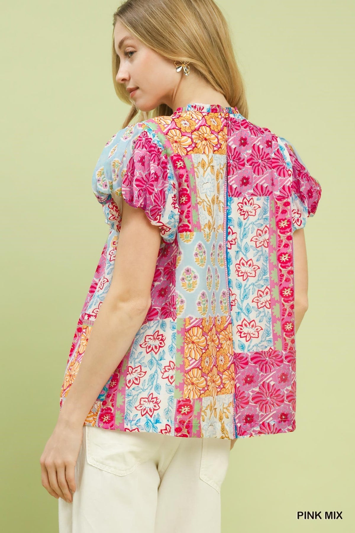 Mix Patchwork Puff Sleeve Top
