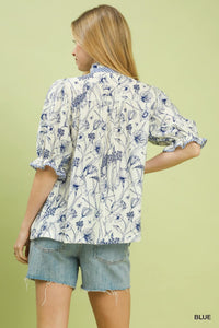 Mixed Print Button Front Top in Blue