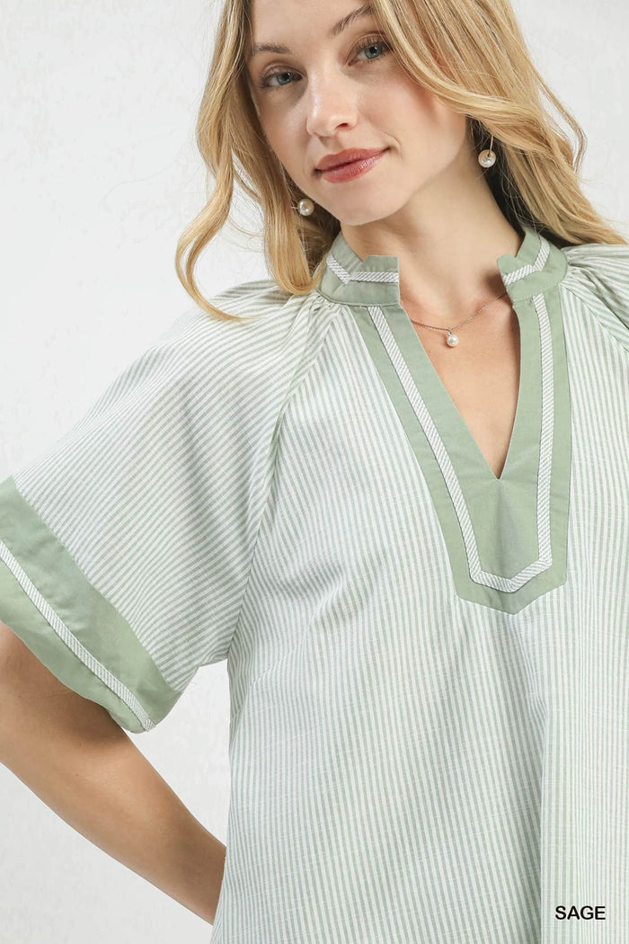 Striped Mixed V- Neck Mini Dress in Sage