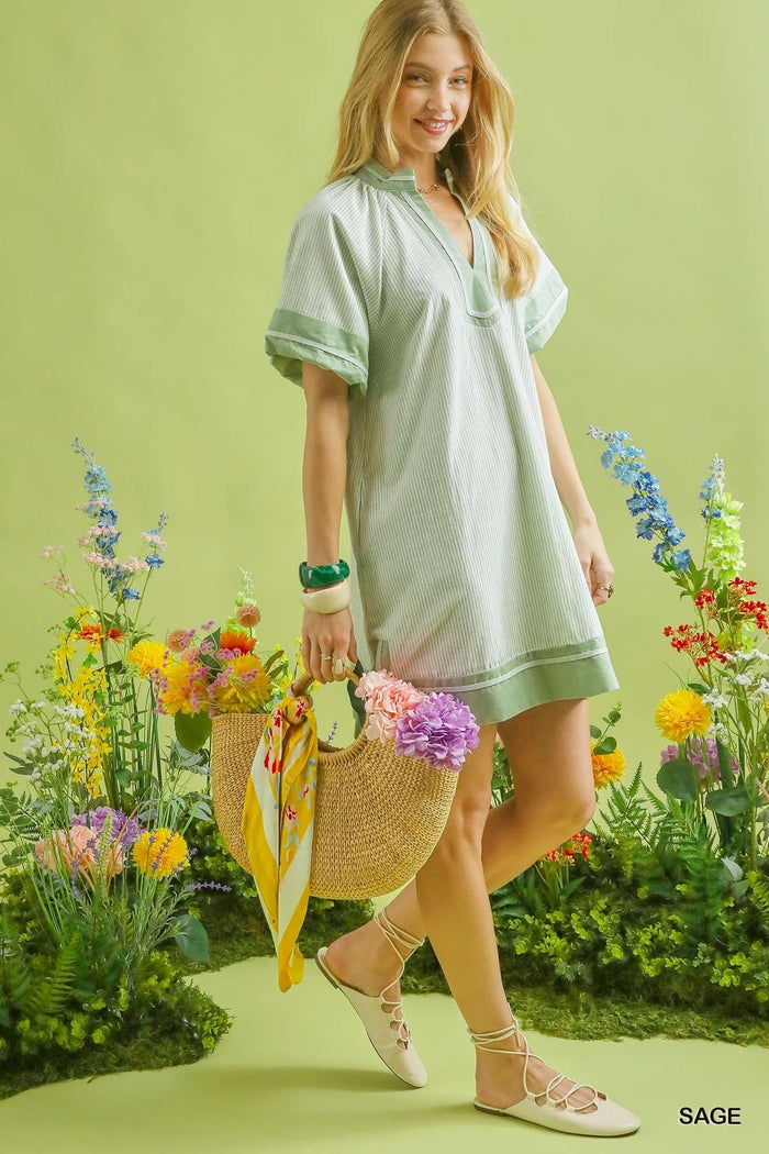 Striped Mixed V- Neck Mini Dress in Sage