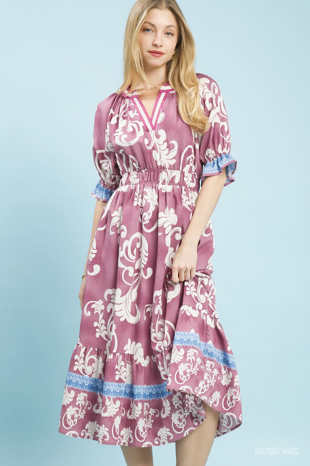 Mix Print Smocked Waist Midi Dress in Rose Mix