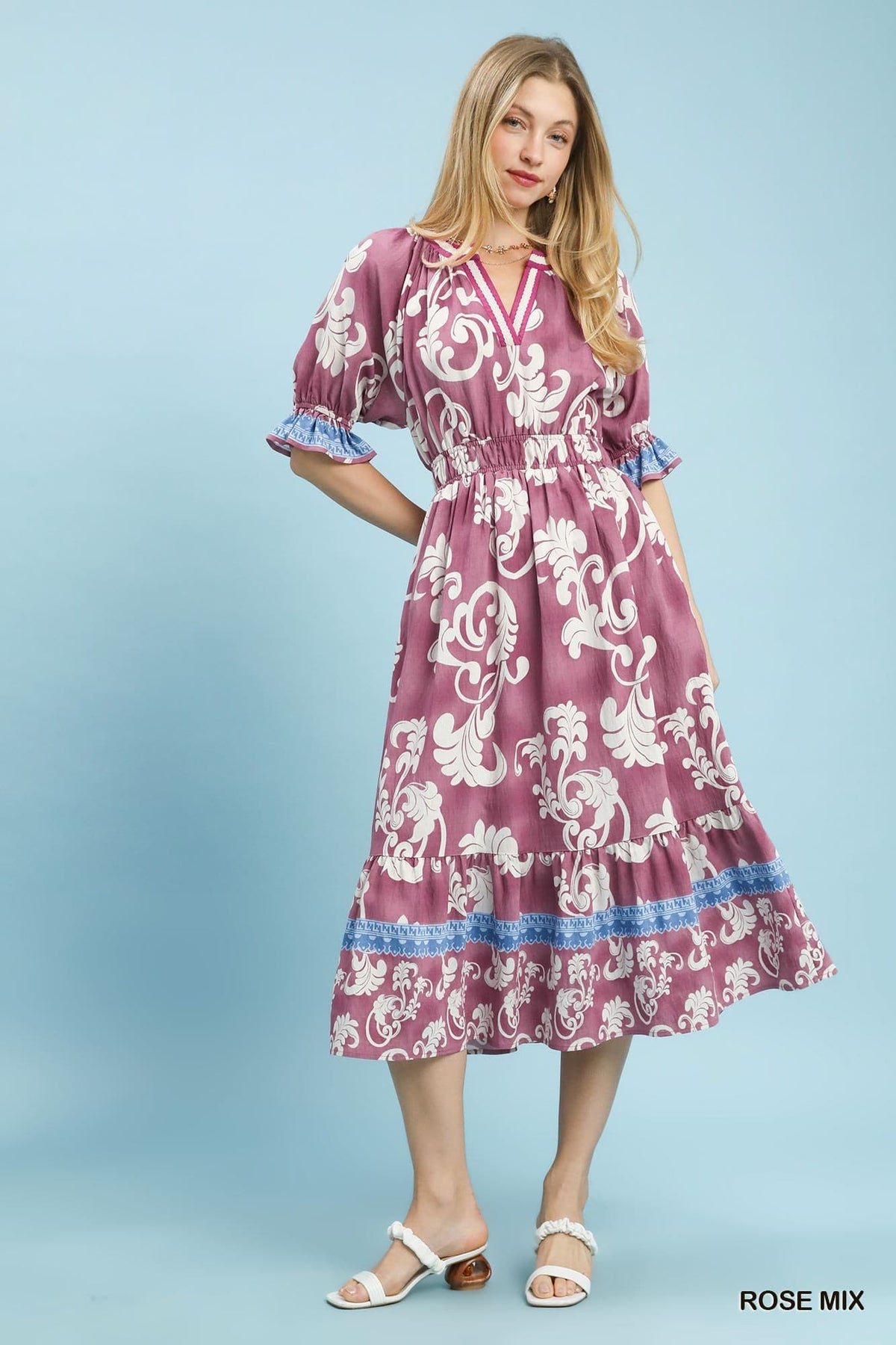 Mix Print Smocked Waist Midi Dress in Rose Mix