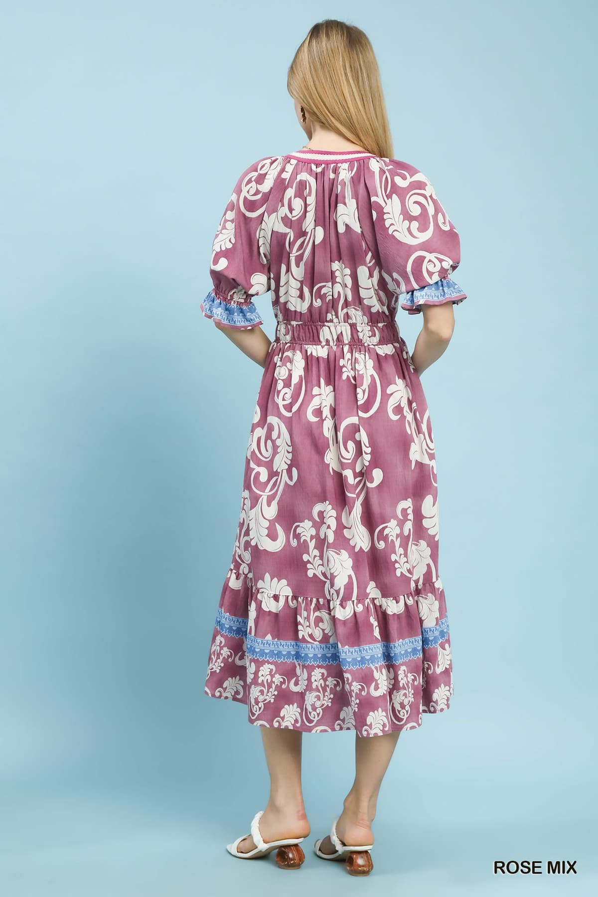 Mix Print Smocked Waist Midi Dress in Rose Mix