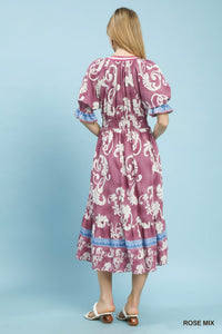 Mix Print Smocked Waist Midi Dress in Rose Mix