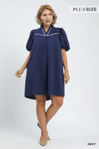 Seersucker Puff Sleeve Dress in Navy