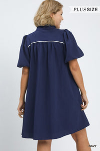 Seersucker Puff Sleeve Dress in Navy