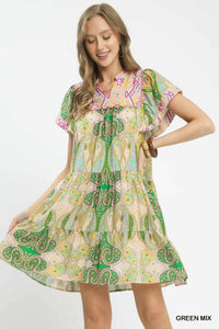 Paisley Tiered Flutter Dress Green Mix