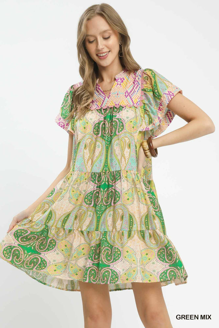Paisley Tiered Flutter Dress Green Mix