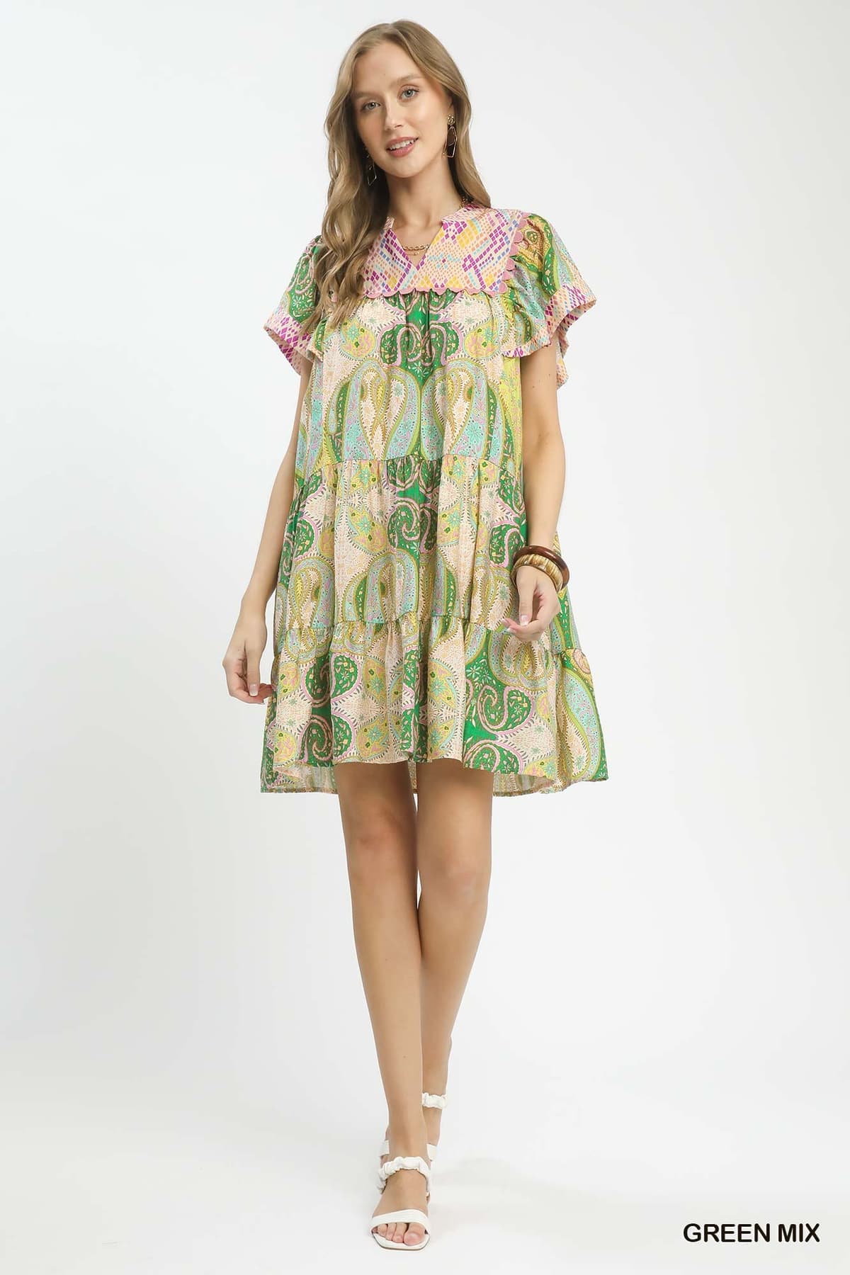 Paisley Tiered Flutter Dress Green Mix