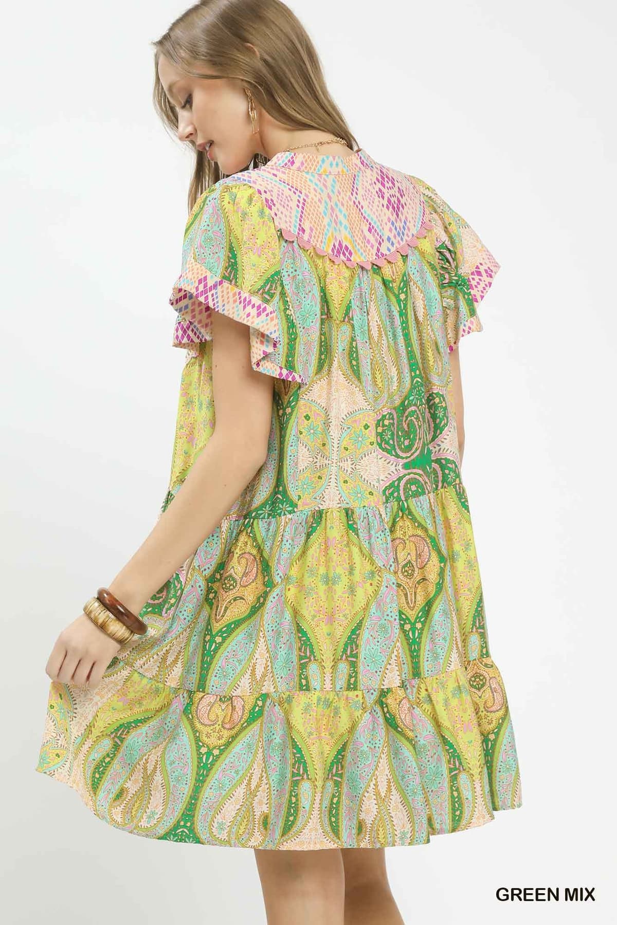Paisley Tiered Flutter Dress Green Mix
