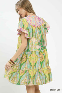 Paisley Tiered Flutter Dress Green Mix