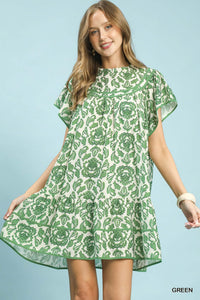 Abstract Print Babydoll Mini Dress in Green