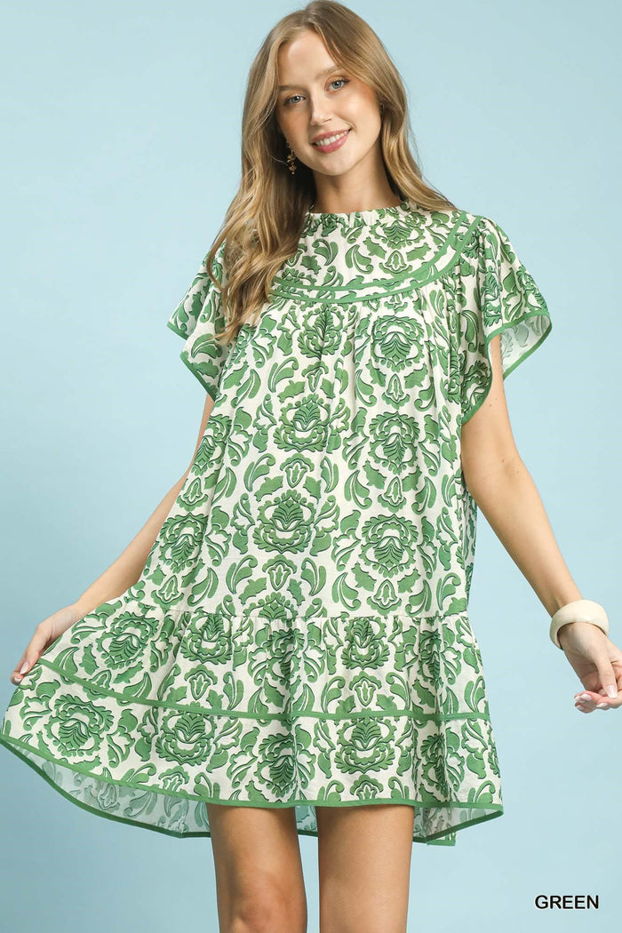 Abstract Print Babydoll Mini Dress in Green