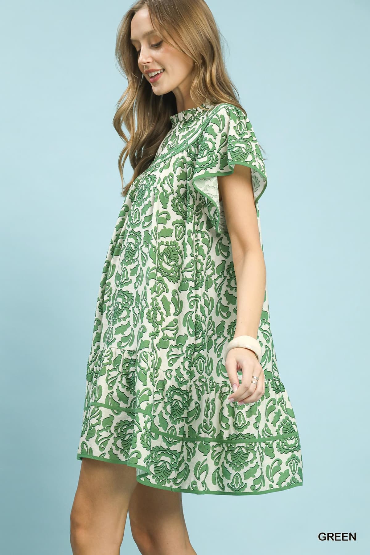 Abstract Print Babydoll Mini Dress in Green