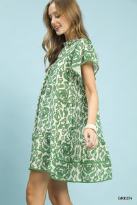 Abstract Print Babydoll Mini Dress in Green
