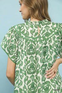 Abstract Print Babydoll Mini Dress in Green