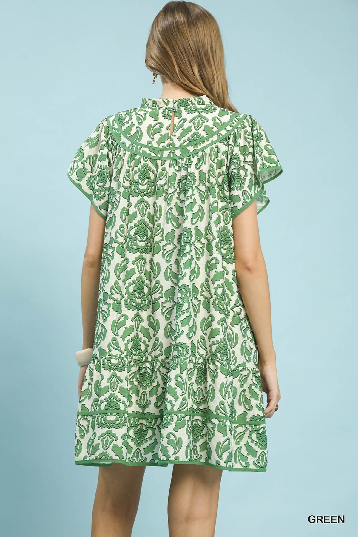 Abstract Print Babydoll Mini Dress in Green