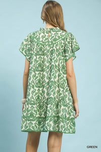 Abstract Print Babydoll Mini Dress in Green