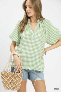 Gingham Blouse Scalloped Hem in 2 Colors!