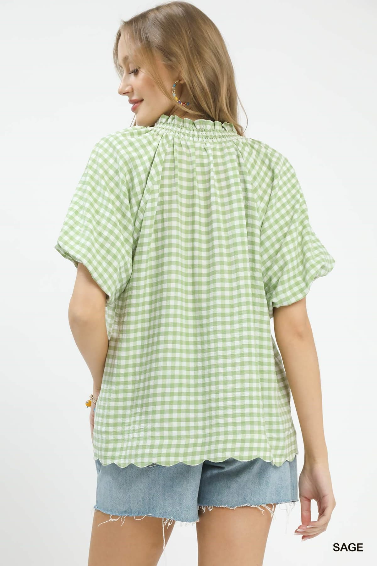 Gingham Blouse Scalloped Hem in 2 Colors!