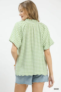 Gingham Blouse Scalloped Hem in 2 Colors!