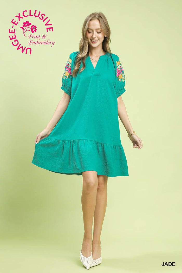 Embroidered Sleeve Dress in Jade