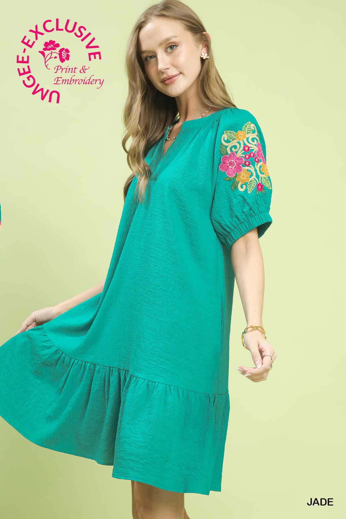 Embroidered Sleeve Dress in Jade