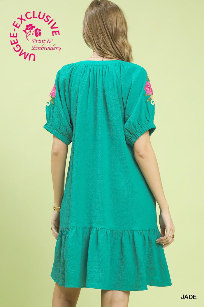 Embroidered Sleeve Dress in Jade