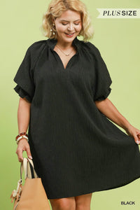 Linen Blend Ruffle Dress in Black