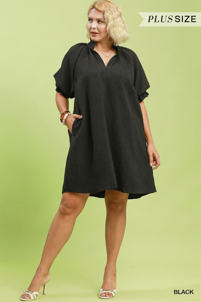 Linen Blend Ruffle Dress in Black