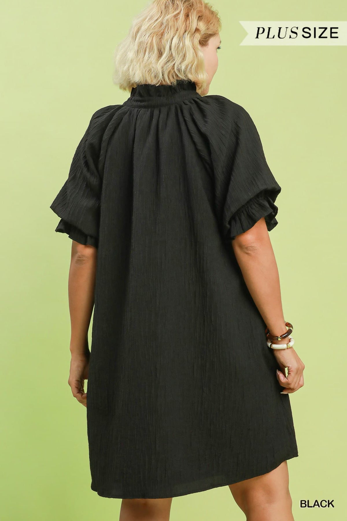 Linen Blend Ruffle Dress in Black