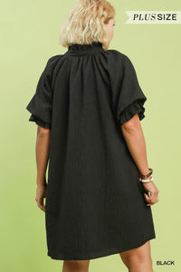Linen Blend Ruffle Dress in Black