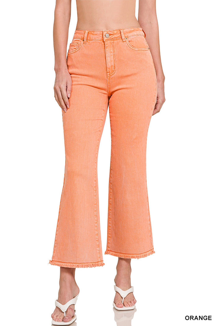 Acid Washed High Waist Frayed Hem Bootcut Pants in Orange
