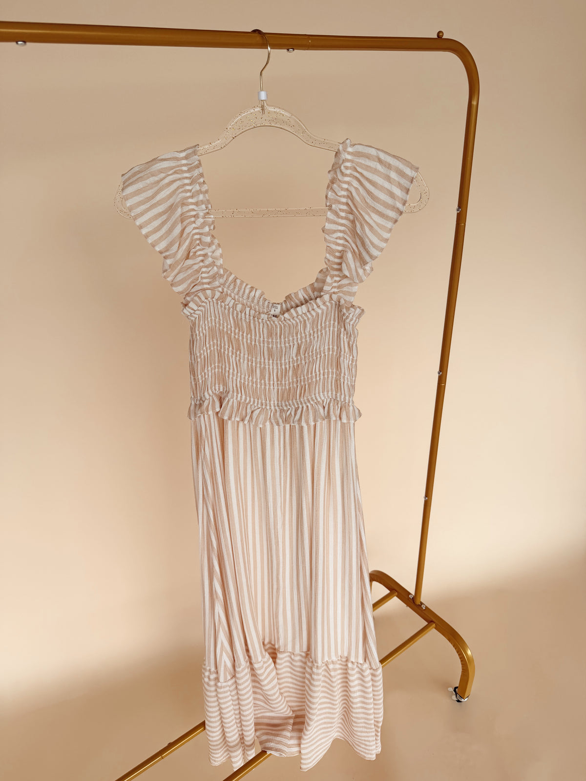 Stripe Smocked Detail Dress Light Khaki