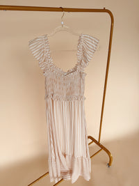 Stripe Smocked Detail Dress Light Khaki
