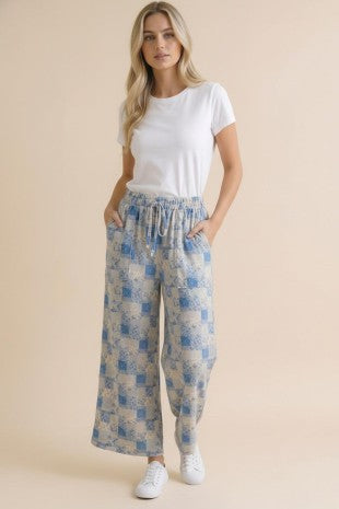 Wide Leg Crop Floral Patchwork Pants in Light Blue