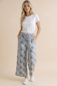Wide Leg Crop Floral Patchwork Pants in Light Blue